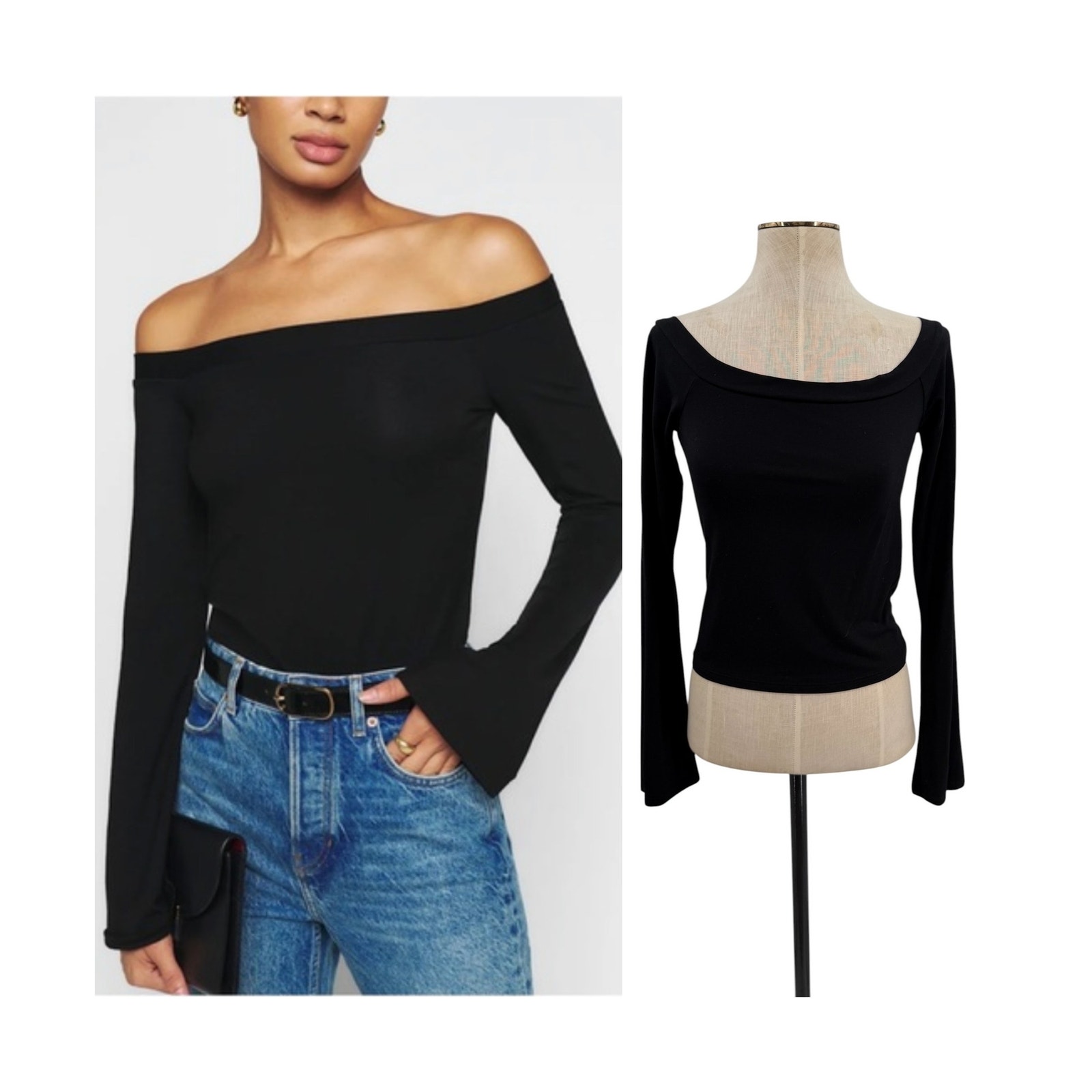 Reformation Radley Off Shoulder Knit Top Black Long Sleeve Stretch Size Small